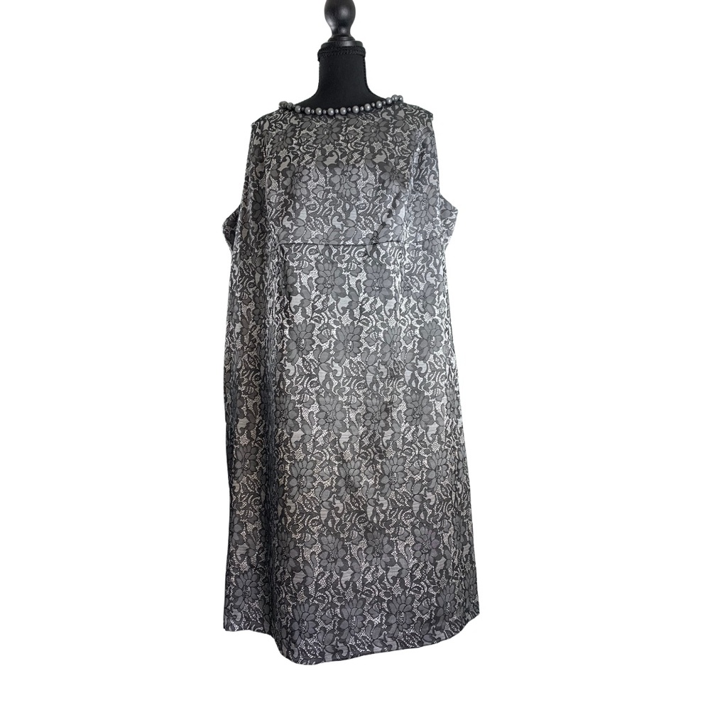 Lane Bryant Grey Silver Sleeveless Shift Dress Beaded Necklace 24 Wedding Casual